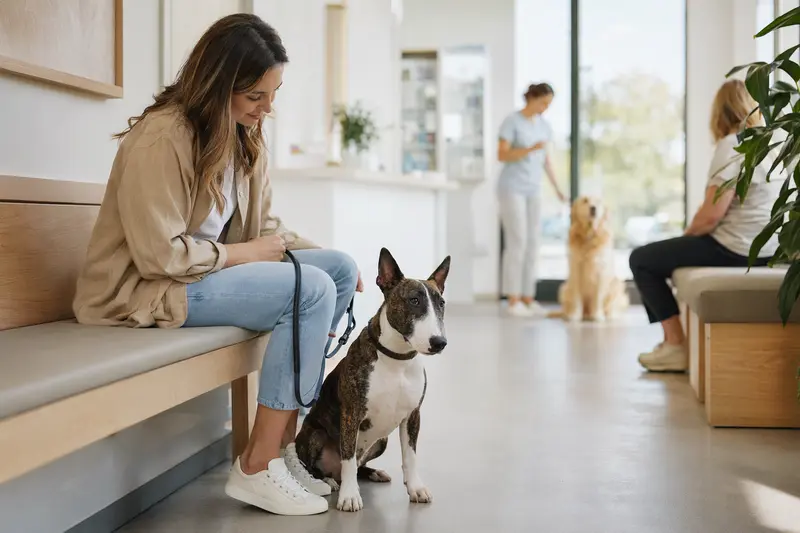 Ein Zwerg-Bullterrier sitzt ruhig neben seinem Besitzer im hellen Wartezimmer einer modernen Tierarztpraxis.